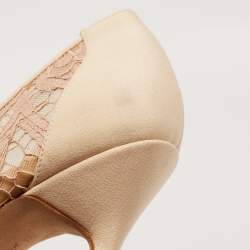 Pre Owned Manolo Blahnik Beige Lace and Fabric Hangisi Crystal Embellished Pointed Toe Pumps Size 36