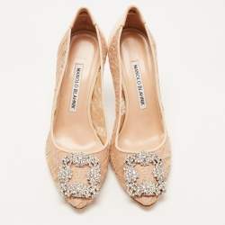 Pre Owned Manolo Blahnik Beige Lace and Fabric Hangisi Crystal Embellished Pointed Toe Pumps Size 36