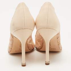 Pre Owned Manolo Blahnik Beige Lace and Fabric Hangisi Crystal Embellished Pointed Toe Pumps Size 36
