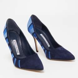Pre Owned Manolo Blahnik Blue Suede Embroidered BB Pumps Size 36