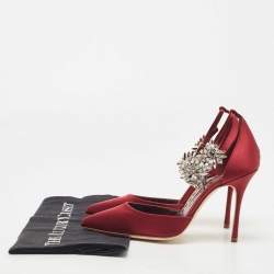 Pre Owned Manolo Blahnik Burgundy Satin Sicariata Crystal Embellished Ankle Cuff Pumps Size 36