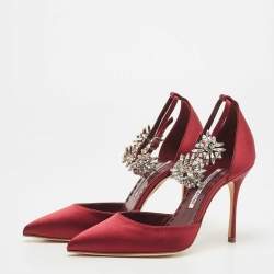 Pre Owned Manolo Blahnik Burgundy Satin Sicariata Crystal Embellished Ankle Cuff Pumps Size 36