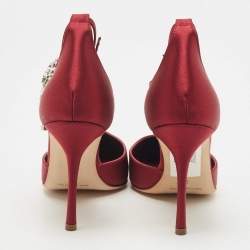 Pre Owned Manolo Blahnik Burgundy Satin Sicariata Crystal Embellished Ankle Cuff Pumps Size 36