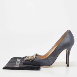 Pre Owned Manolo Blahnik Dark Grey Satin Okkava Pumps Size 36.5