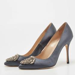 Pre Owned Manolo Blahnik Dark Grey Satin Okkava Pumps Size 36.5