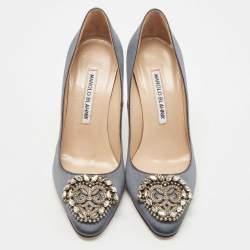 Pre Owned Manolo Blahnik Dark Grey Satin Okkava Pumps Size 36.5
