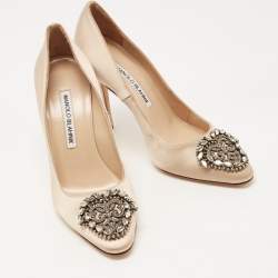 Pre Owned Manolo Blahnik Light Gold Satin Okkava Pumps Size 36.5