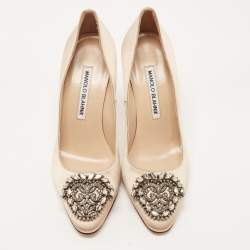 Pre Owned Manolo Blahnik Light Gold Satin Okkava Pumps Size 36.5