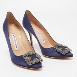 Manolo Blahnik Navy Blue Satin Hangisi Pumps Size 36.5