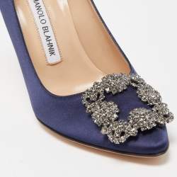 Manolo Blahnik Navy Blue Satin Hangisi Pumps Size 36.5