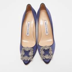 Manolo Blahnik Navy Blue Satin Hangisi Pumps Size 36.5