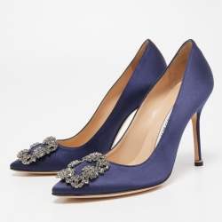 Manolo Blahnik Navy Blue Satin Hangisi Pumps Size 36.5