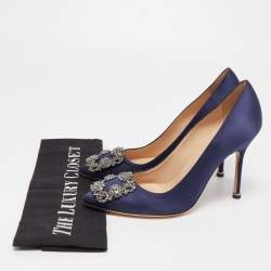 Manolo Blahnik Navy Blue Satin Hangisi Pumps Size 36.5