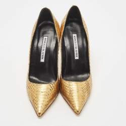 Pre Owned Manolo Blahnik Gold Python BB Pumps Size 36