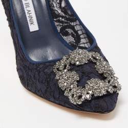 Pre Owned Manolo Blahnik Navy Blue/Black Lace and Satin Hangisi Pumps Size 36