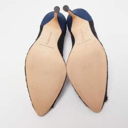 Pre Owned Manolo Blahnik Navy Blue/Black Lace and Satin Hangisi Pumps Size 36