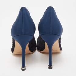 Pre Owned Manolo Blahnik Navy Blue/Black Lace and Satin Hangisi Pumps Size 36