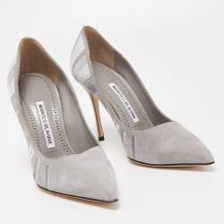 Pre Owned Manolo Blahnik Grey Suede Embroidered BB Pumps Size 36.5