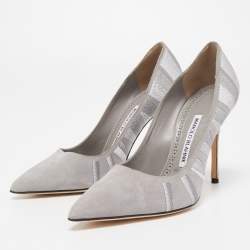 Pre Owned Manolo Blahnik Grey Suede Embroidered BB Pumps Size 36.5