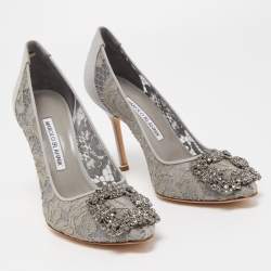 Pre Owned Manolo Blahnik Grey Mesh and Fabric Hangisi Pumps Size 36