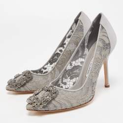 Pre Owned Manolo Blahnik Grey Mesh and Fabric Hangisi Pumps Size 36
