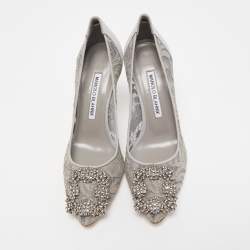 Pre Owned Manolo Blahnik Grey Mesh and Fabric Hangisi Pumps Size 36