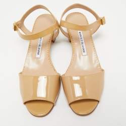 Pre Owned Manolo Blahnik Beige Patent Leather Ankle Strap Sandals Size 37.5