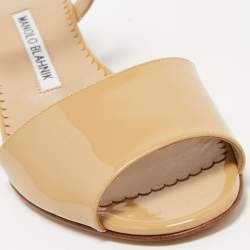 Pre Owned Manolo Blahnik Beige Patent Leather Ankle Strap Sandals Size 37.5