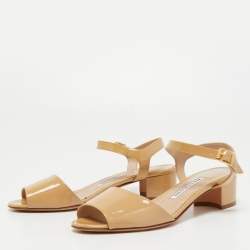 Pre Owned Manolo Blahnik Beige Patent Leather Ankle Strap Sandals Size 37.5