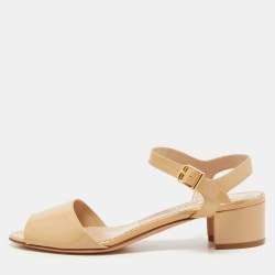 Pre Owned Manolo Blahnik Beige Patent Leather Ankle Strap Sandals Size 37.5