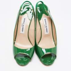 Pre Owned Manolo Blahnik Green Patent Wedge Slingback Pumps Size 38.5