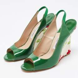 Pre Owned Manolo Blahnik Green Patent Wedge Slingback Pumps Size 38.5