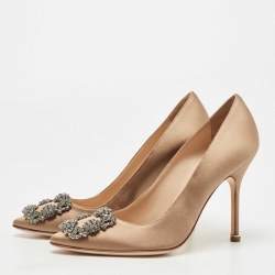 Pre Owned Manolo Blahnik Brown Satin Hangisi Pumps Size 36.5