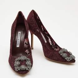 Pre Owned Manolo Blahnik Burgundy Lace Hangisi Pumps Size 36