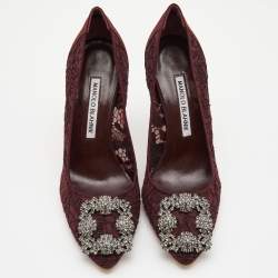 Pre Owned Manolo Blahnik Burgundy Lace Hangisi Pumps Size 36