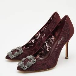 Pre Owned Manolo Blahnik Burgundy Lace Hangisi Pumps Size 36