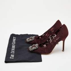 Pre Owned Manolo Blahnik Burgundy Lace Hangisi Pumps Size 36
