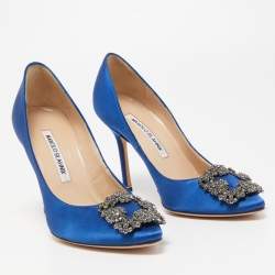 Pre Owned Manolo Blahnik Blue Satin Hangisi Pumps Size 35.5