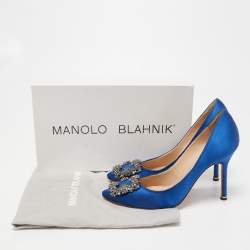 Pre Owned Manolo Blahnik Blue Satin Hangisi Pumps Size 35.5