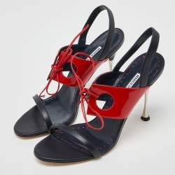 Pre Owned Manolo Blahnik Blue/Red Leather and Patent Ankle Strap Sandals Size 41