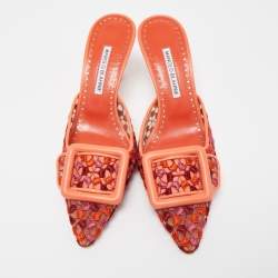 Pre Owned Manolo Blahnik Tricolor Embroidered Fabric Maysale Mules Size 38.5