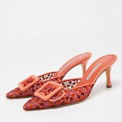 Pre Owned Manolo Blahnik Tricolor Embroidered Fabric Maysale Mules Size 38.5