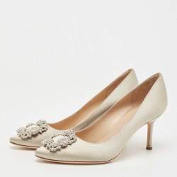 Pre Owned Manolo Blahnik Grey Satin Hangisi Pumps Size 37.5