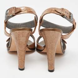 Pre Owned Manolo Blahnik Two Tone Embossed Lizard Ankle Strap Sandals Size 38.5