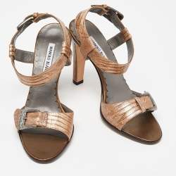 Pre Owned Manolo Blahnik Two Tone Embossed Lizard Ankle Strap Sandals Size 38.5