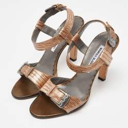 Pre Owned Manolo Blahnik Two Tone Embossed Lizard Ankle Strap Sandals Size 38.5