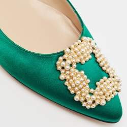 Manolo Blahnik Green Satin Hangisi Pearl Embellished Ballet Flats Size 38