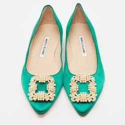 Manolo Blahnik Green Satin Hangisi Pearl Embellished Ballet Flats Size 38