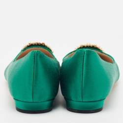 Manolo Blahnik Green Satin Hangisi Pearl Embellished Ballet Flats Size 38