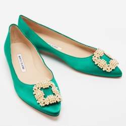 Manolo Blahnik Green Satin Hangisi Pearl Embellished Ballet Flats Size 38